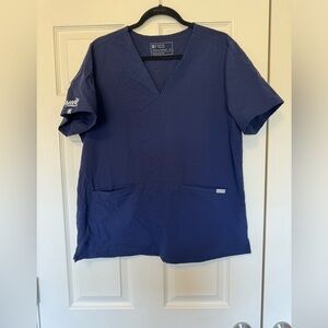 Figs Womens Navy Blue Scrub Top XL Embroidered AYA Healthcare